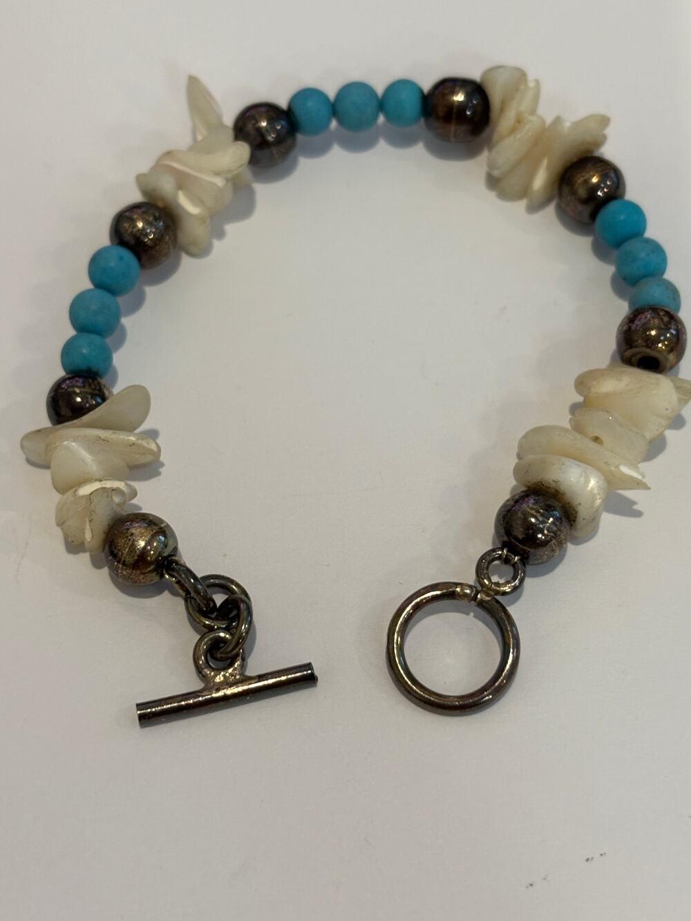 Bracelet Sterling Silver Clasp, Beads, Blue Stones & Shells
